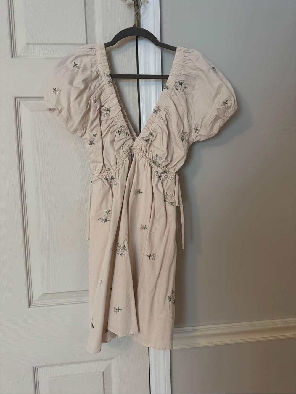 REVOLVE Cream Mini Dress with Green Floral Embroidery
